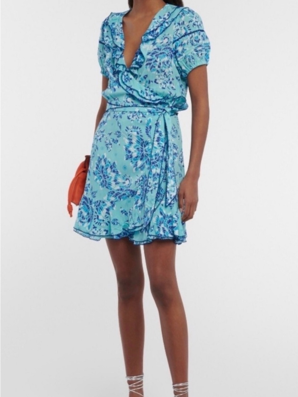 Poupette St. Barth Aqua Blue Floral Wrap Mini Dress Size L NWT